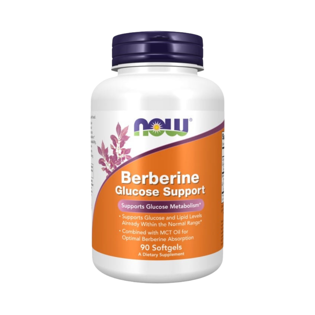 NOW Berberine Glucose Support dietary supplement, white plastic bottle with orange label, 90 softgel capsules