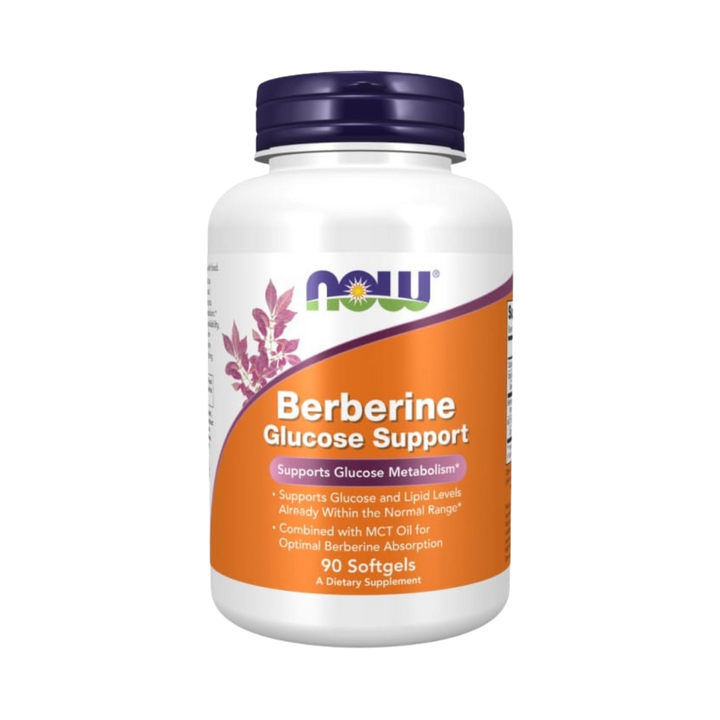 NOW Berberine Glucose Support dietary supplement, white plastic bottle with orange label, 90 softgel capsules