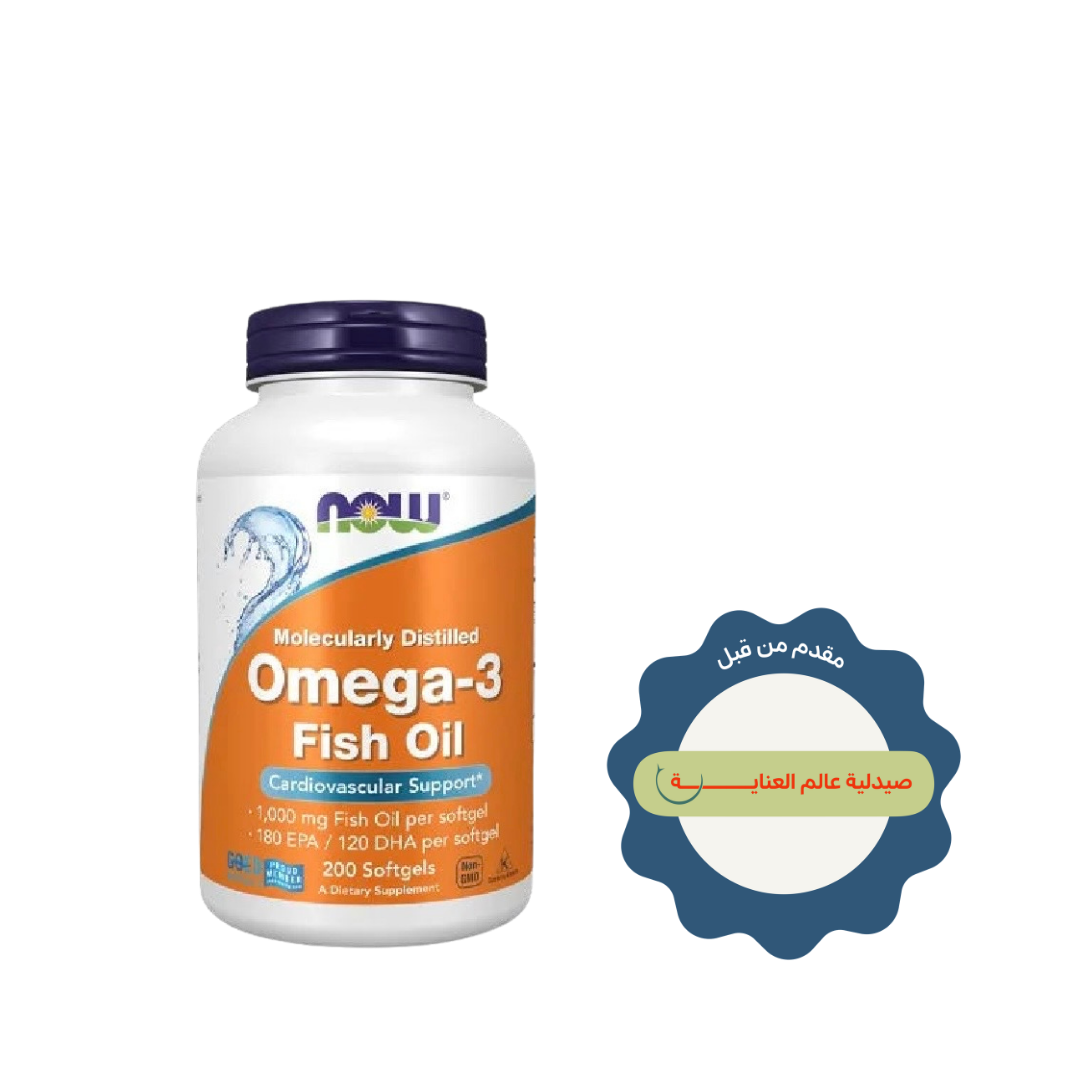 NOW Omega-3 Fish Oil 1000mg dietary supplement, 200 softgels, white bottle with orange label.
