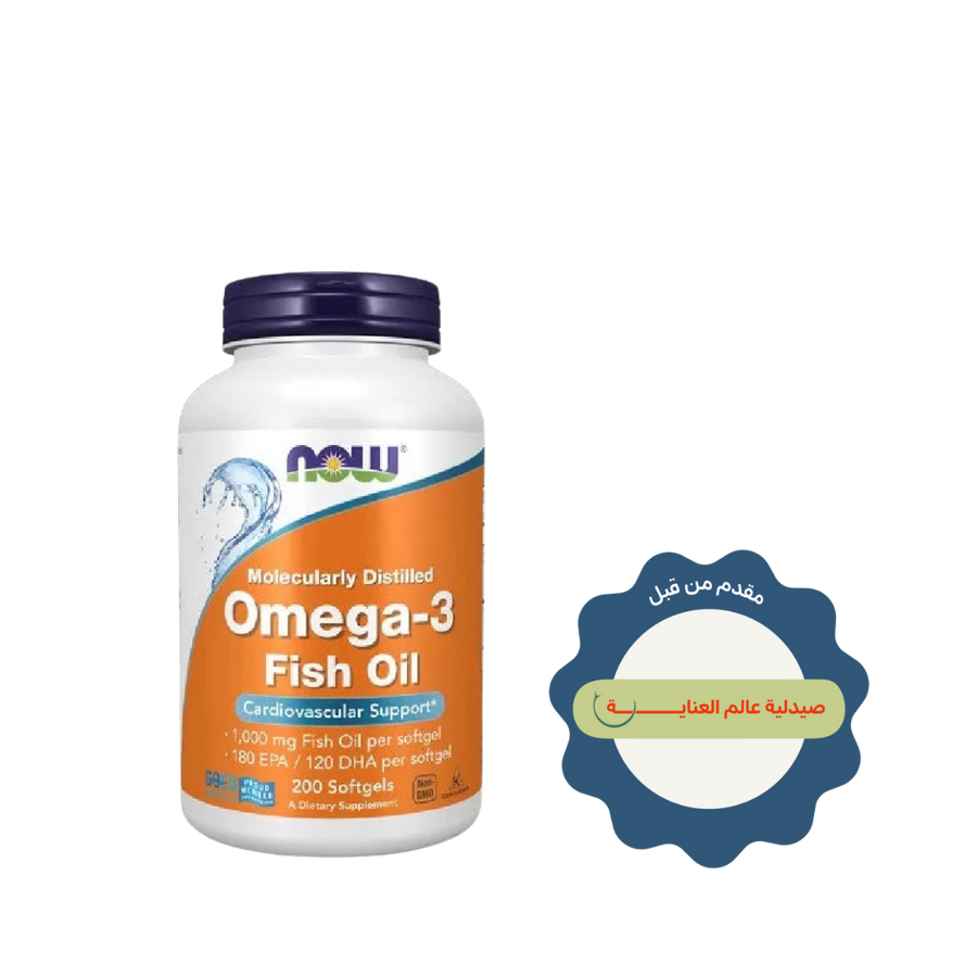 NOW Omega-3 Fish Oil 1000mg dietary supplement, 200 softgels, white bottle with orange label.