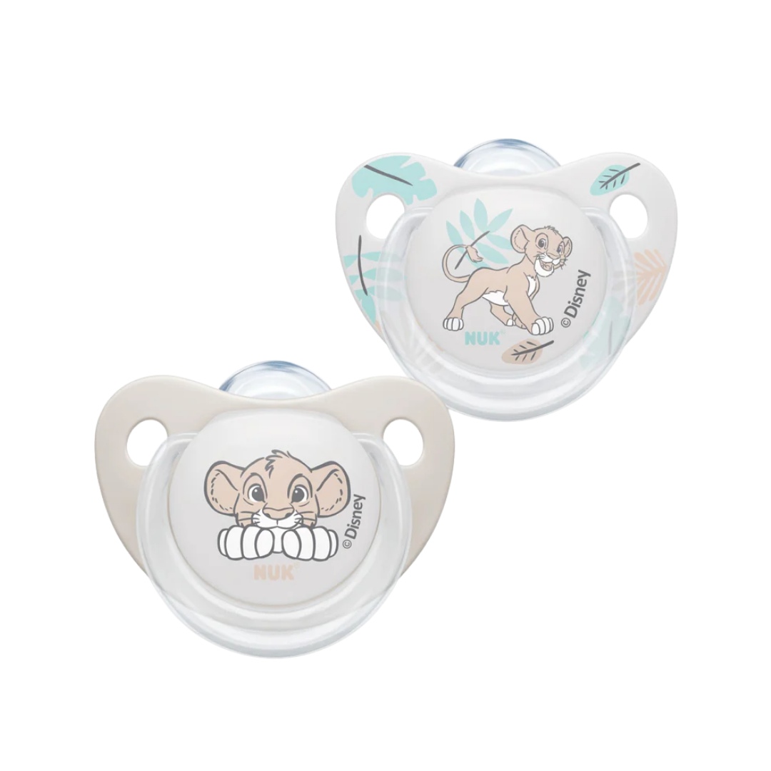 NUK Disney Baby Lion King silicone soothers, 2 pack, beige and white pacifiers with Simba print
