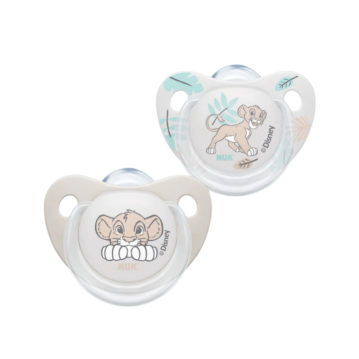 NUK Disney Baby Lion King silicone soothers, 2 pack, beige and white pacifiers with Simba print
