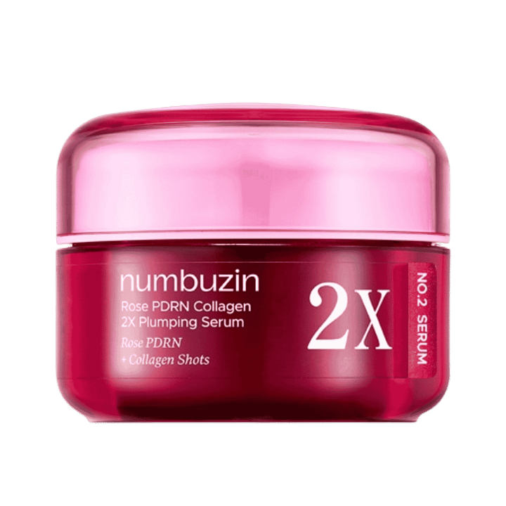 Numbuzin Rose PDRN Collagen 2X Plumping Serum, jelly-textured, rich in peptides and collagen, 50ml bottle.