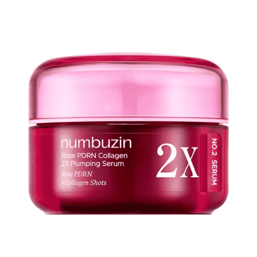 Numbuzin Rose PDRN Collagen 2X Plumping Serum, jelly-textured, rich in peptides and collagen, 50ml bottle.
