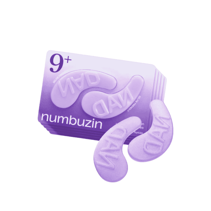 Numbuzin 9+ NAD purple hydrogel eye patches, gradient box with two crescent patches.