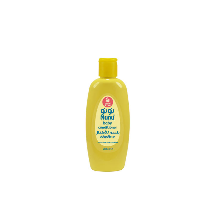 Nunu Baby Conditioner, 200 ml, yellow plastic bottle, brand logo visible, "Tear Free" label.