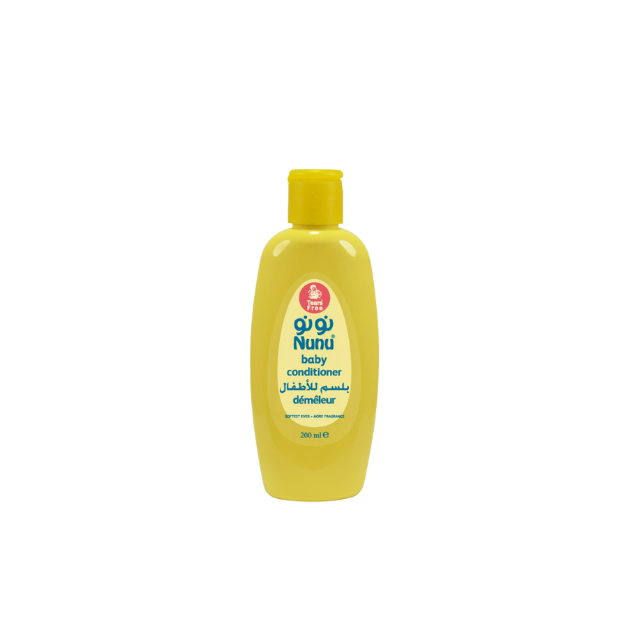 Nunu Baby Conditioner, 200 ml, yellow plastic bottle, brand logo visible, "Tear Free" label.