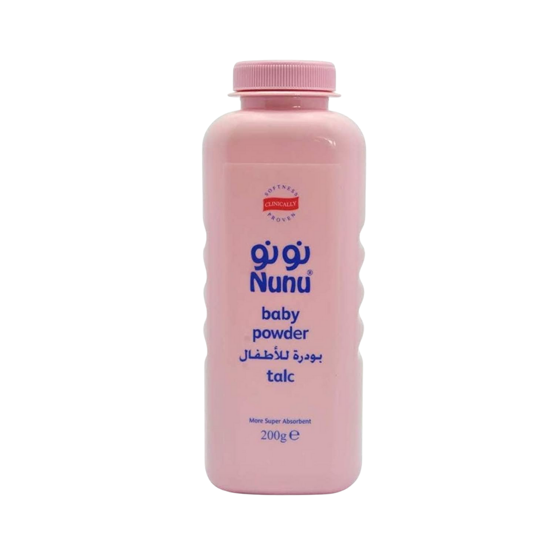 Nunu Baby Powder, 200g, pink plastic bottle with a purple cap, labeled with Arabic and English text.
