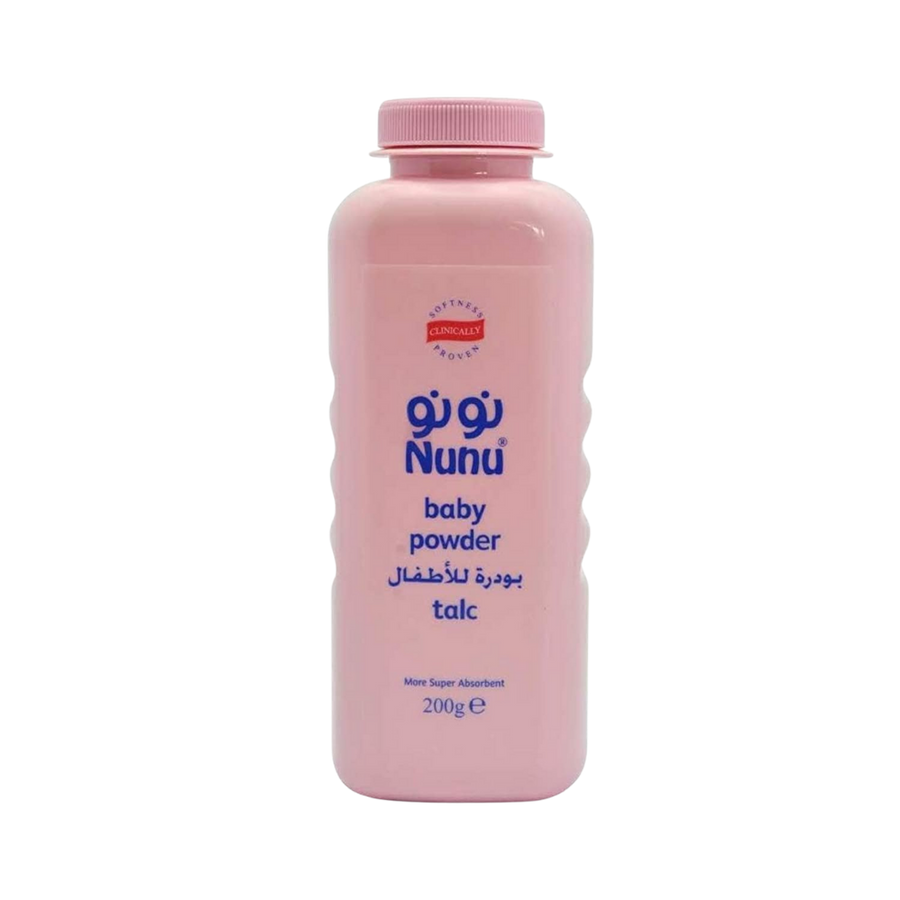 Nunu Baby Powder, 200g, pink plastic bottle with a purple cap, labeled with Arabic and English text.
