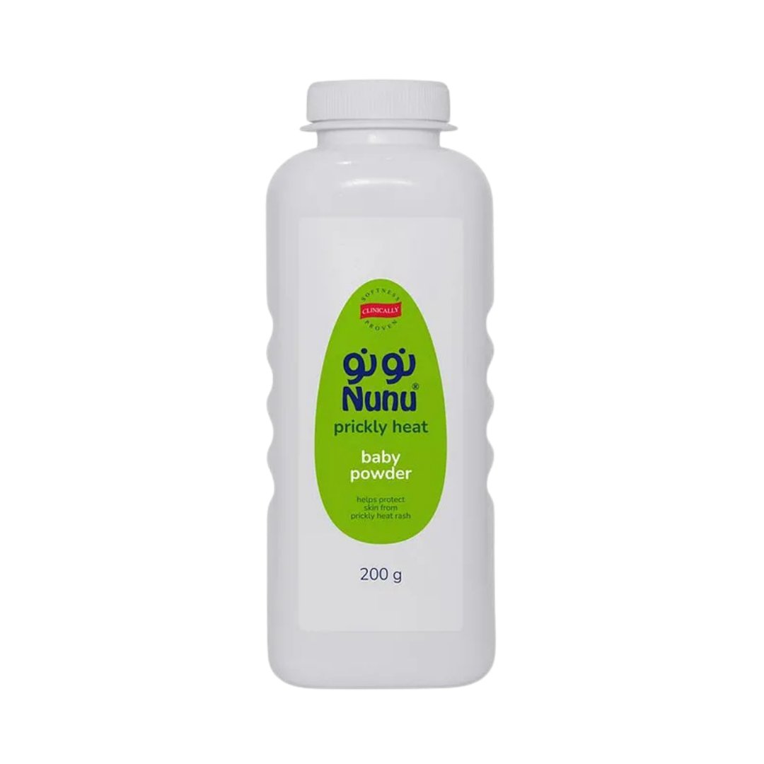 Nunu Prickly Heat Baby Powder – 200g, helps protect skin from prickly heat rash, in a white bottle with green label.