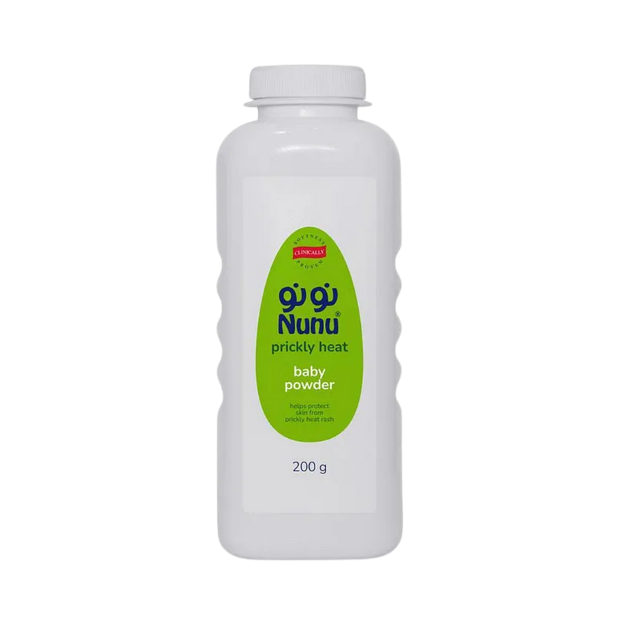 Nunu Prickly Heat Baby Powder – 200g, helps protect skin from prickly heat rash, in a white bottle with green label.