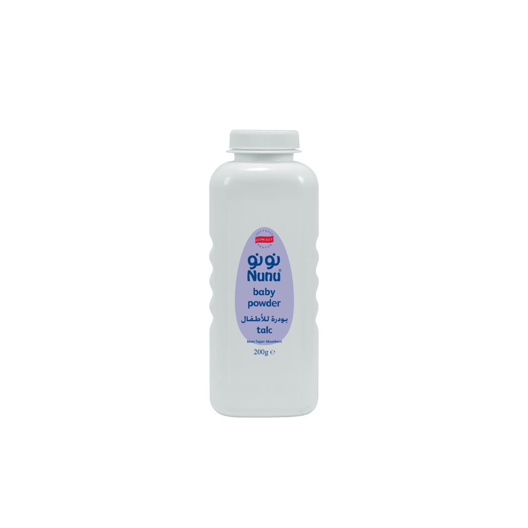 Nunu Baby Powder, 200g, white plastic bottle, purple label, "Talc" and "Clinically Proven" text visible.