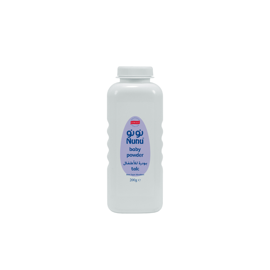 Nunu Baby Powder, 200g, white plastic bottle, purple label, "Talc" and "Clinically Proven" text visible.