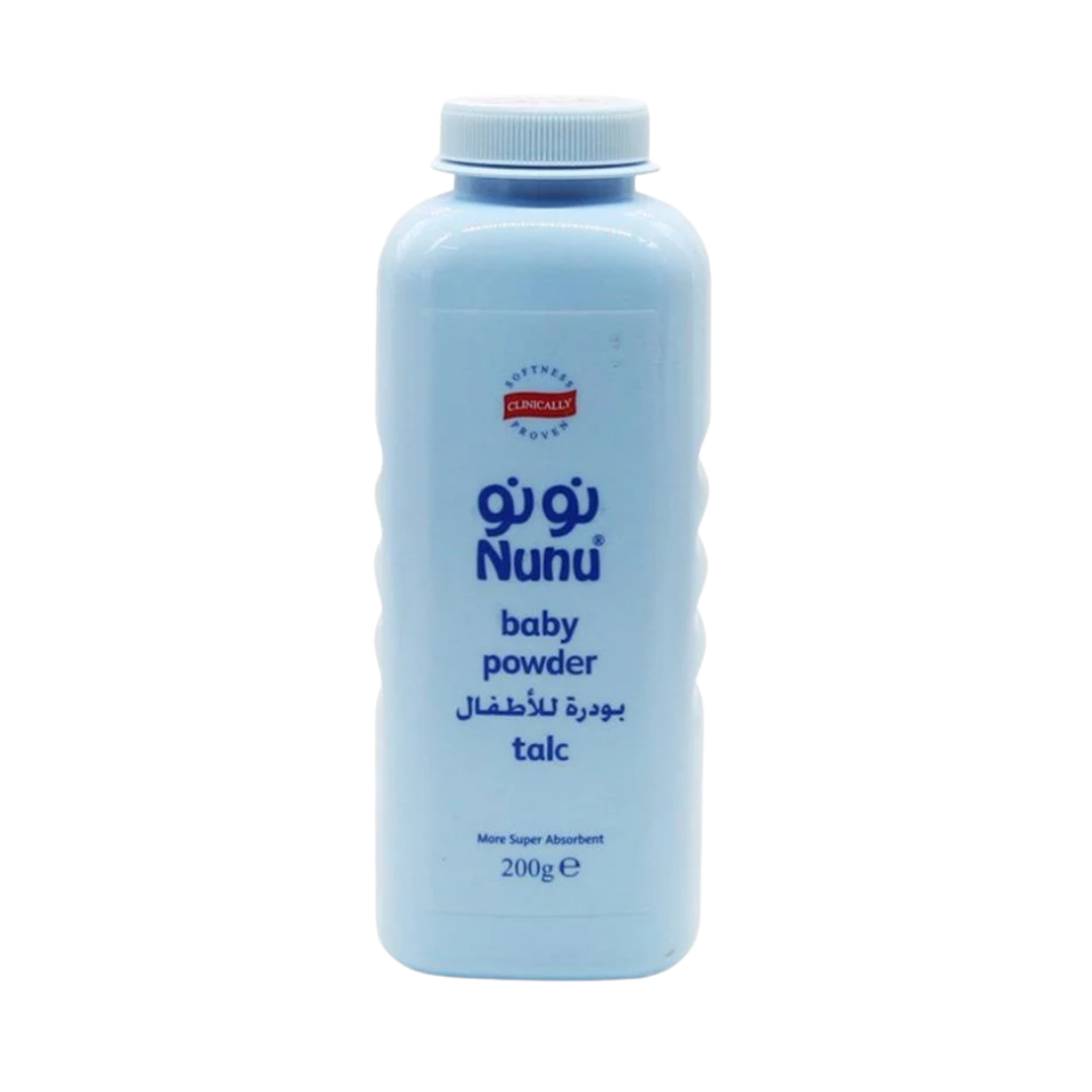 Nunu baby powder talc, 200g, blue plastic bottle with screw cap, labeled baby powder talc