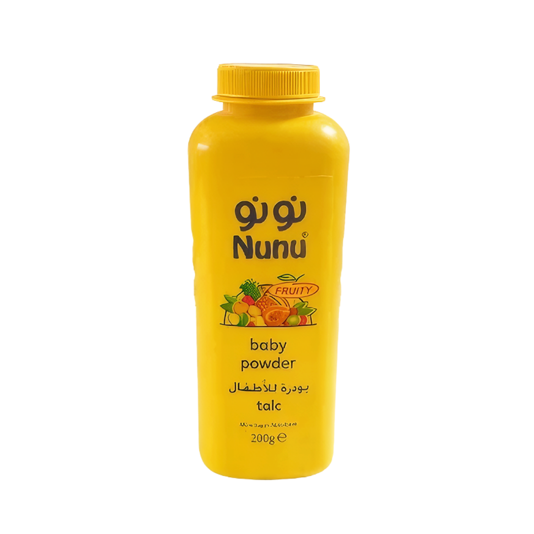 Nunu Baby Powder Fruity, 200g, yellow plastic bottle with a yellow cap, featuring fruit illustrations and Arabic/English labeling.
