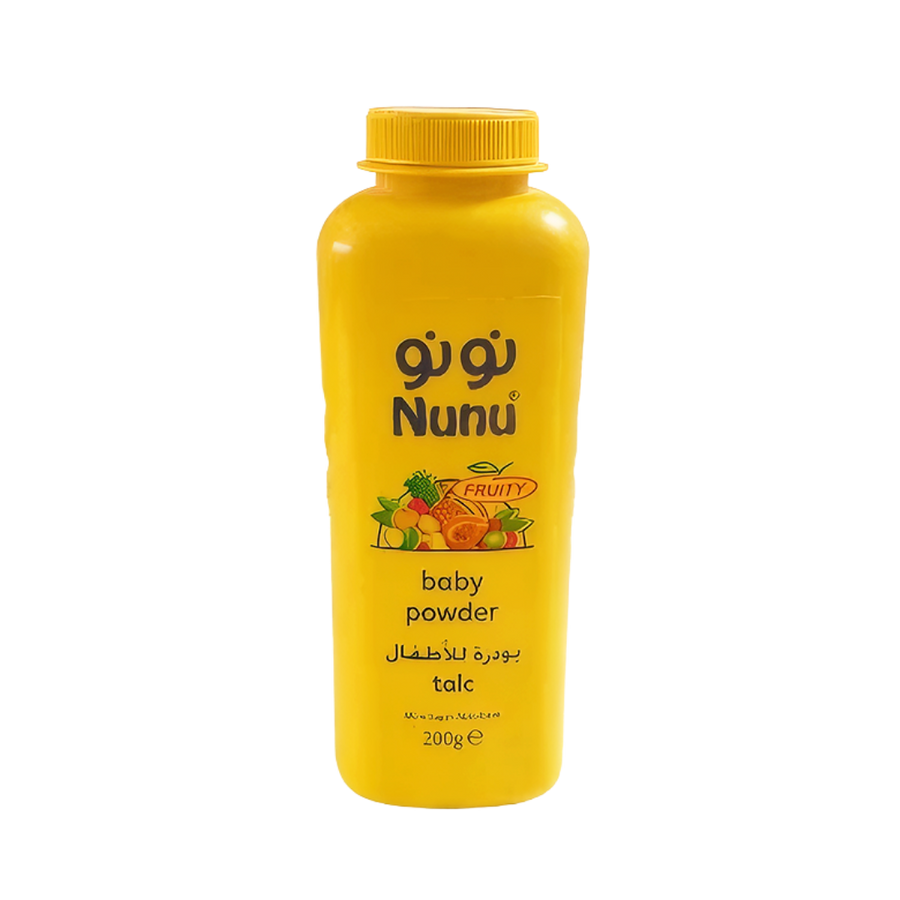 Nunu Baby Powder Fruity, 200g, yellow plastic bottle with a yellow cap, featuring fruit illustrations and Arabic/English labeling.
