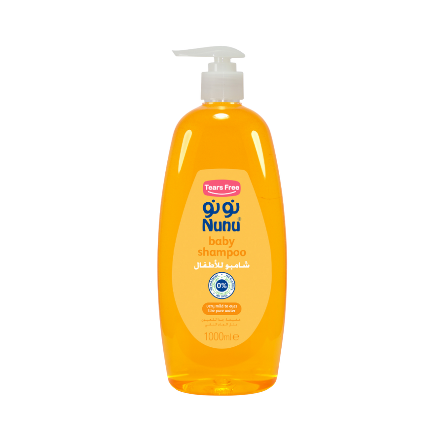 Nunu® Baby Shampoo, 1000ml, yellow bottle with pump, tear-free formula for sensitive eyes.