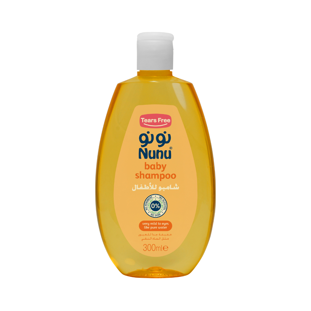 Nunu® Baby Shampoo, 300ml, yellow bottle with flip-top cap, tear-free formula, suitable for sensitive eyes.