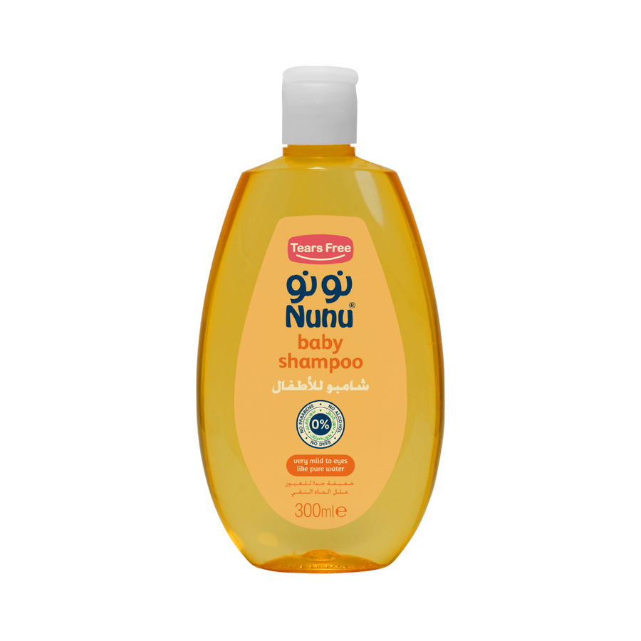 Nunu® Baby Shampoo, 300ml, yellow bottle with flip-top cap, tear-free formula, suitable for sensitive eyes.
