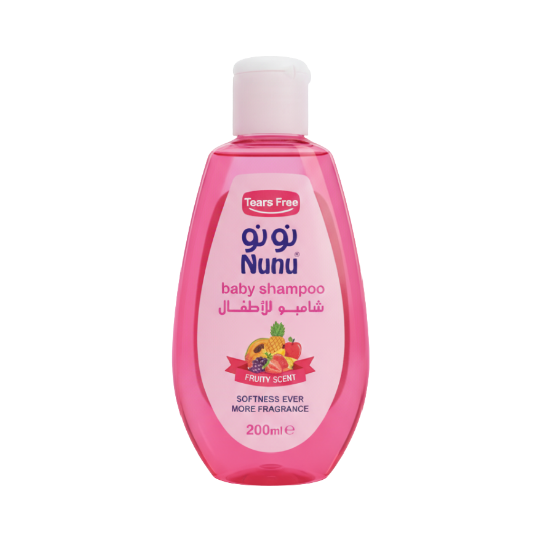 Nunu® Baby Shampoo, 200ml, pink bottle with flip-top cap, fruity scent, tear-free formula.