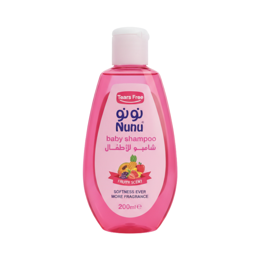Nunu® Baby Shampoo, 200ml, pink bottle with flip-top cap, fruity scent, tear-free formula.