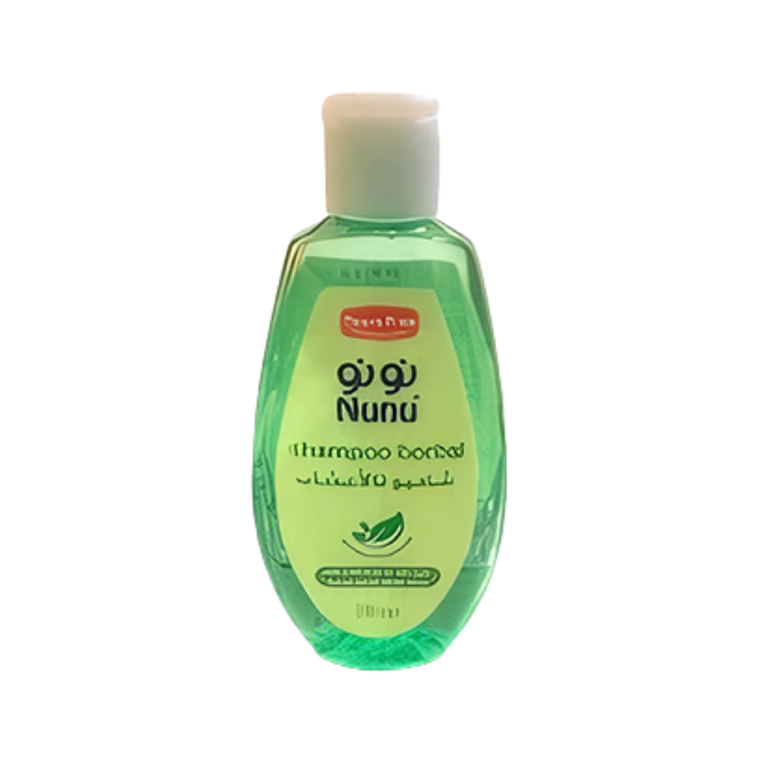 Nunu Shampoo for children, 250 ml, green bottle with a white cap, labeled with Arabic and English text.
