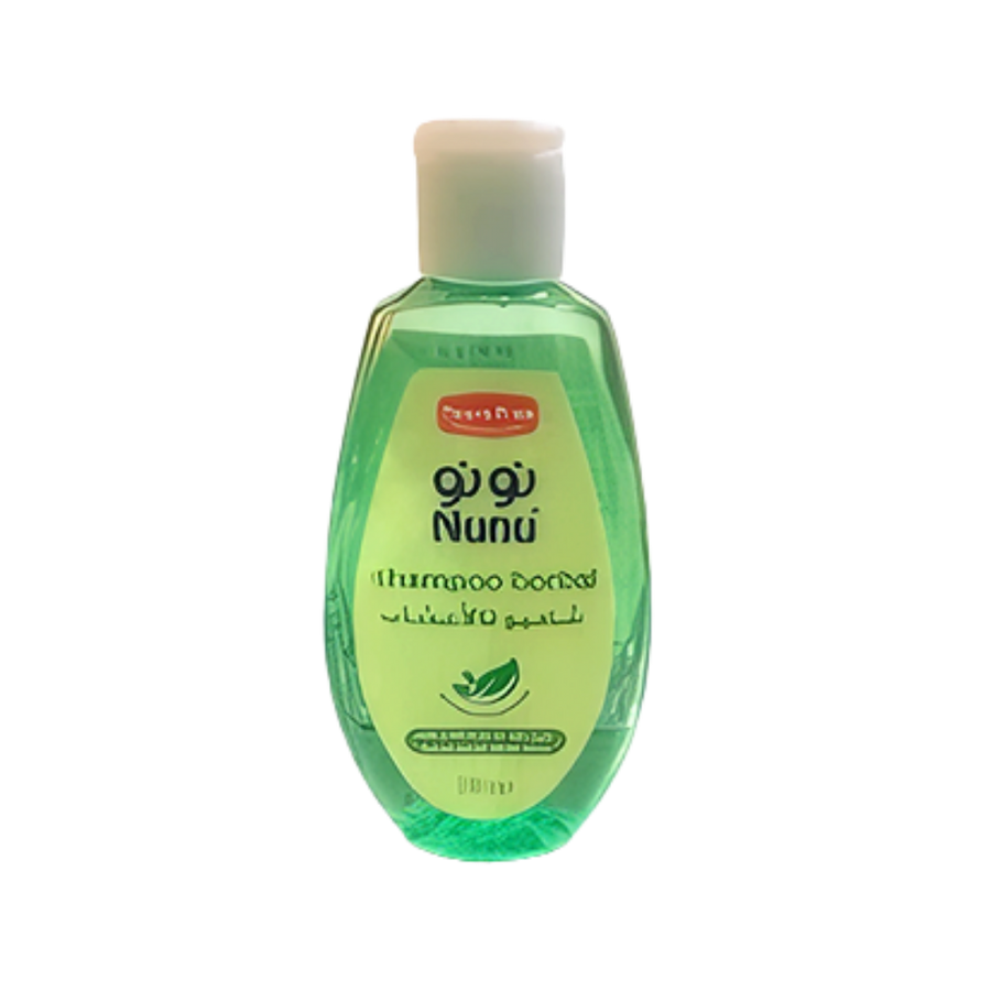 Nunu Shampoo for children, 250 ml, green bottle with a white cap, labeled with Arabic and English text.

