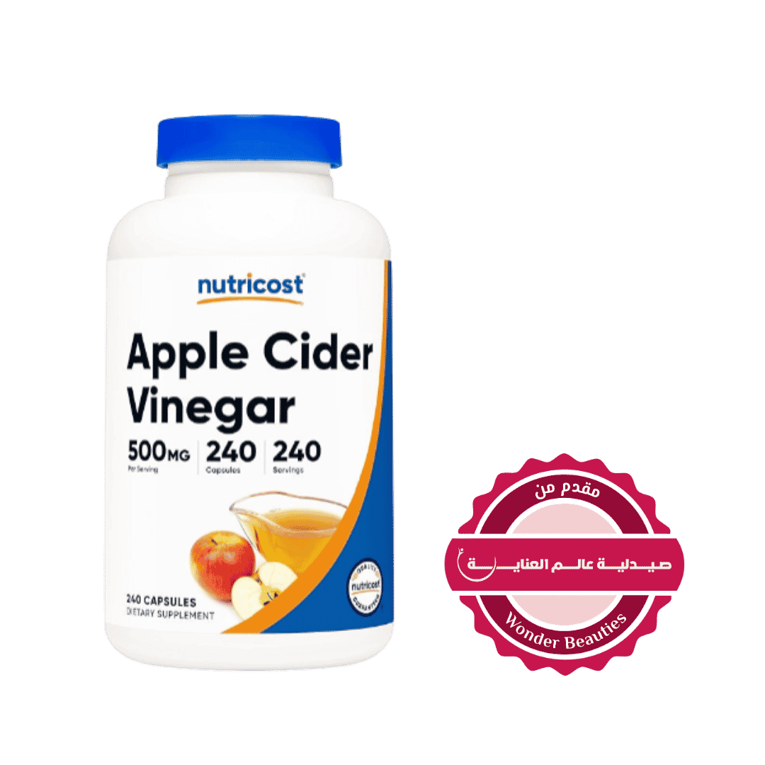 Nutricost Apple Cider Vinegar 500mg, 240 capsules, dietary supplement, apple image.