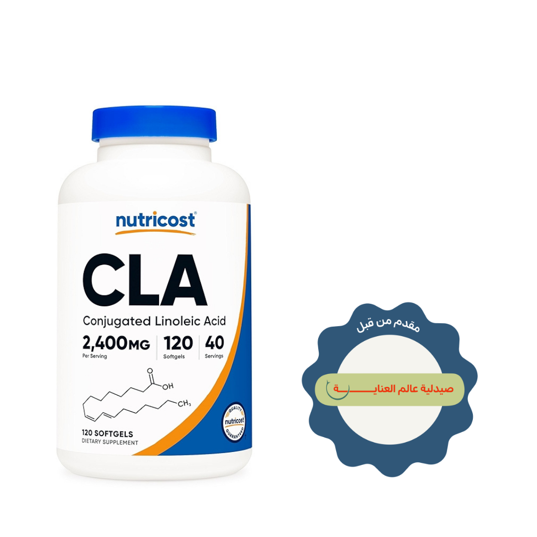 Nutricost CLA Conjugated Linoleic Acid 2400mg 120 softgels white bottle with blue cap and label