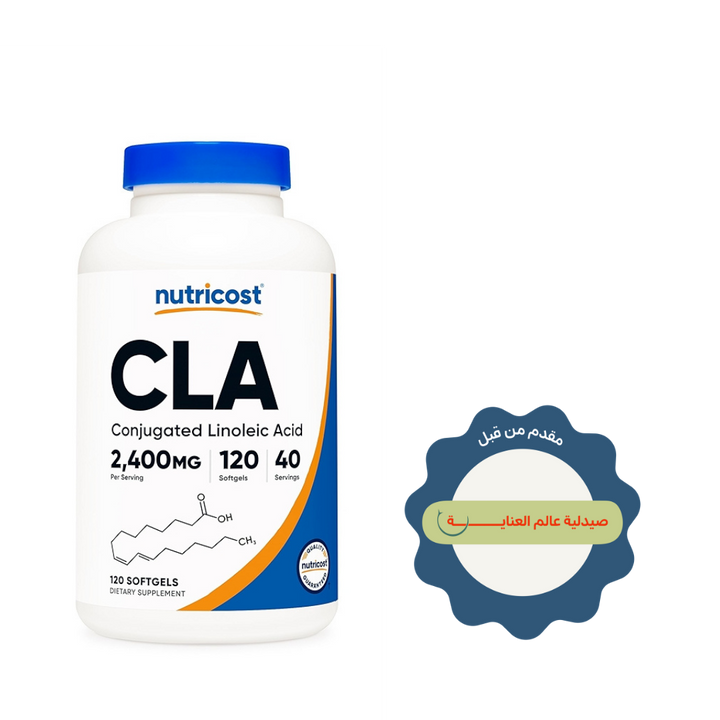Nutricost CLA Conjugated Linoleic Acid 2400mg 120 softgels white bottle with blue cap and label