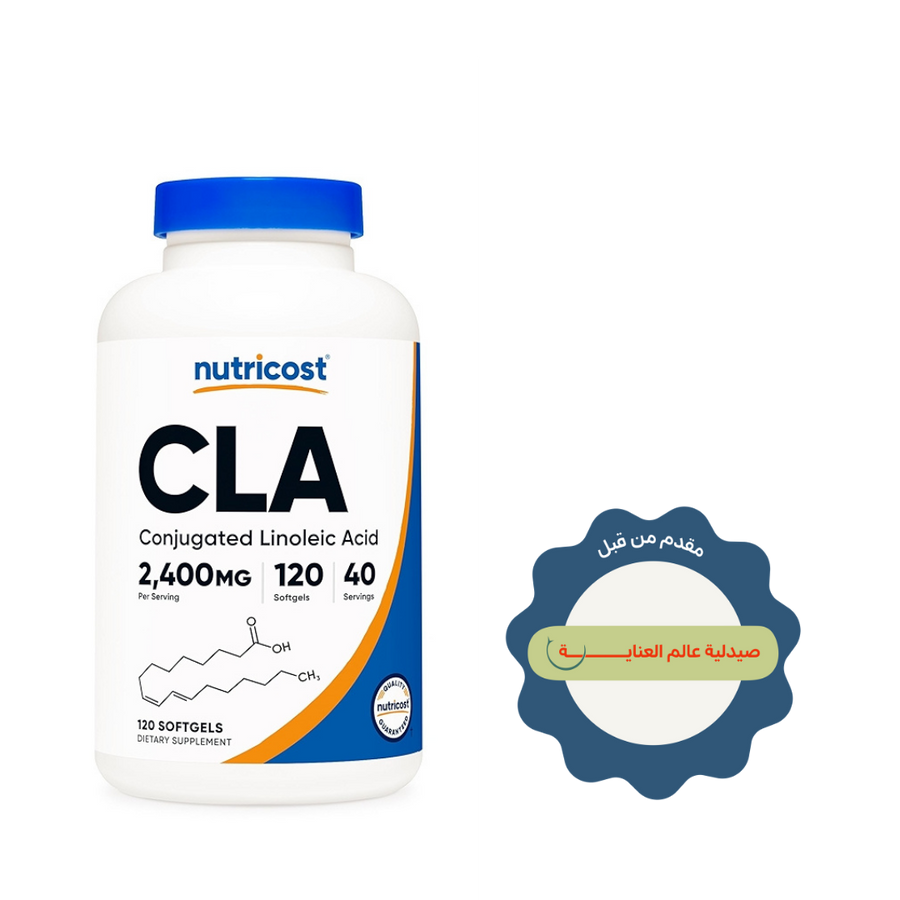 Nutricost CLA Conjugated Linoleic Acid 2400mg 120 softgels white bottle with blue cap and label