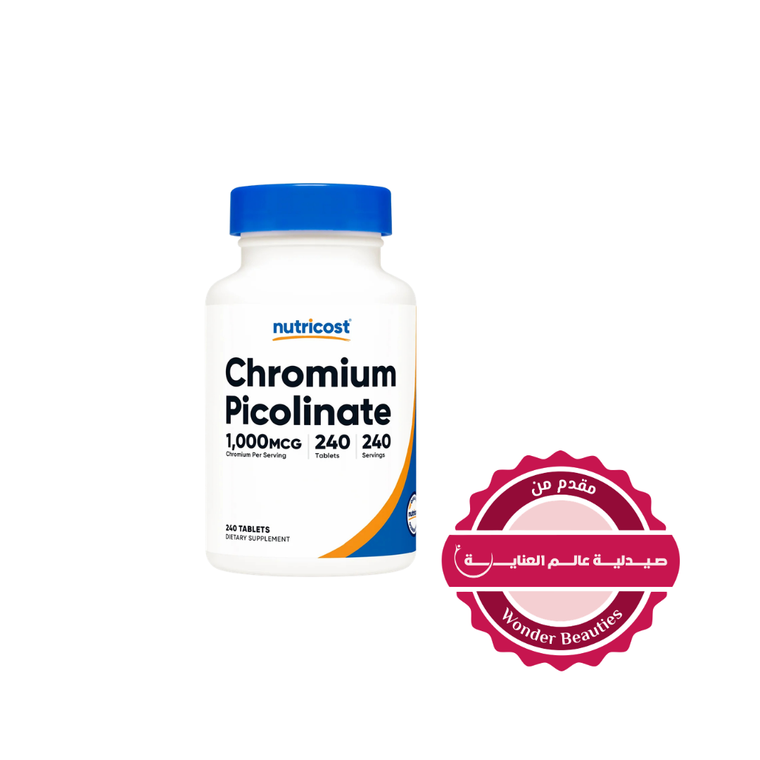 Nutricost Chromium Picolinate 1000 mcg tablets, 240 count white bottle with blue cap and orange accents