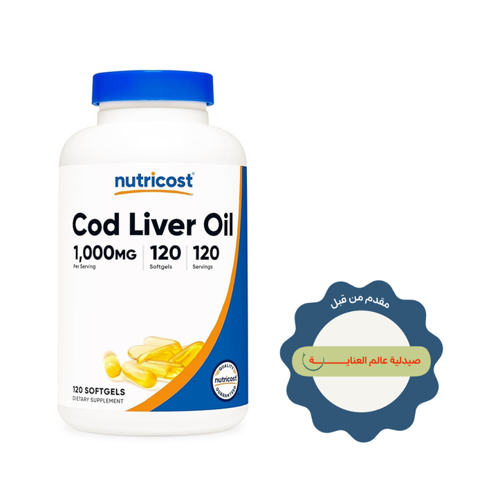 Nutricost Cod Liver Oil capsules, 1000mg, 120 softgels, in a white bottle with blue cap.