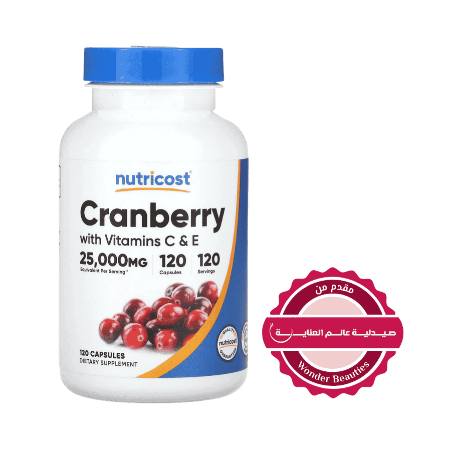 Nutricost Cranberry with Vitamins C and E 25,000mg, 120 capsules supplement bottle.