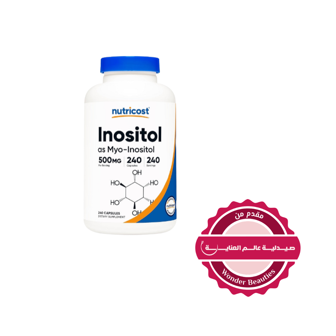 Nutricost Inositol 500 mg Myo-Inositol supplement, 240 capsules bottle, dietary supplement packaging.
