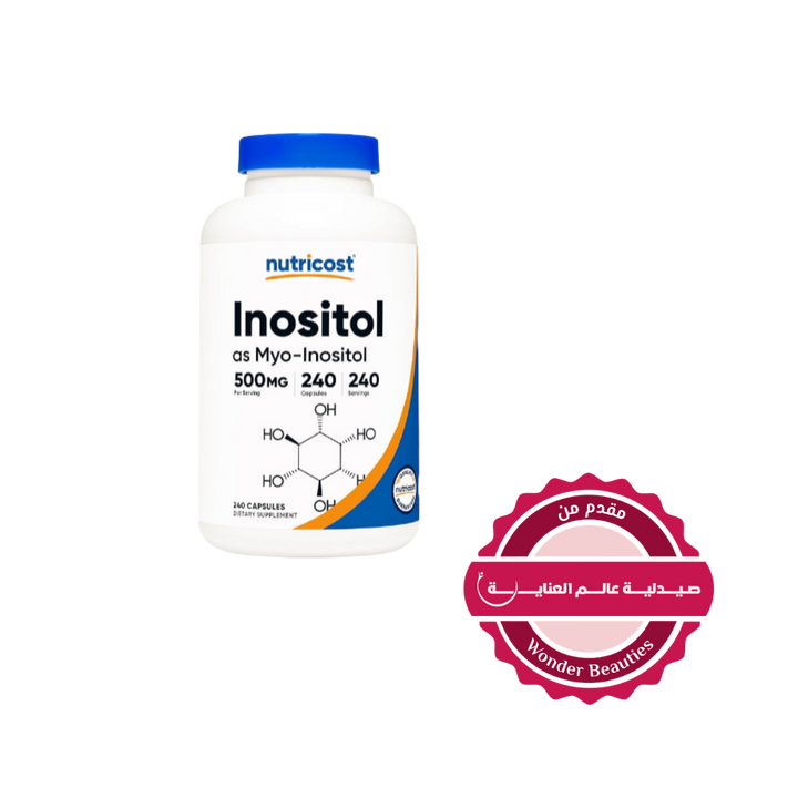 Nutricost Inositol 500 mg Myo-Inositol supplement, 240 capsules bottle, dietary supplement packaging.