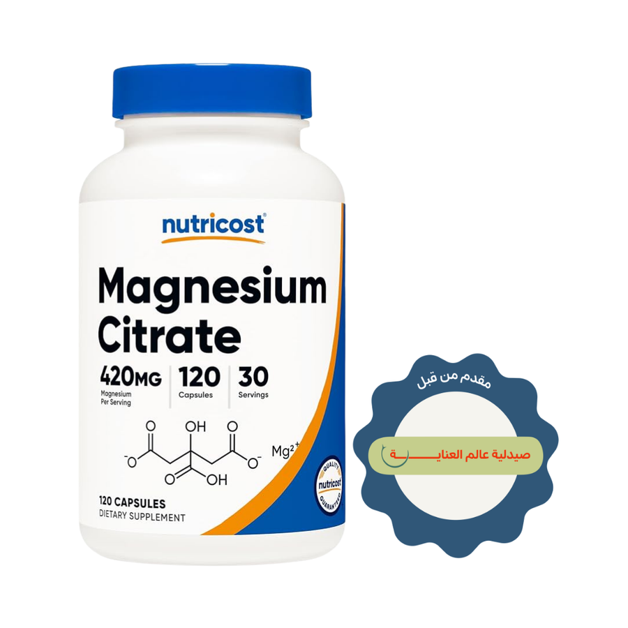 Nutricost Magnesium Citrate 420mg supplement bottle with white packaging, blue cap, 120 capsules.
