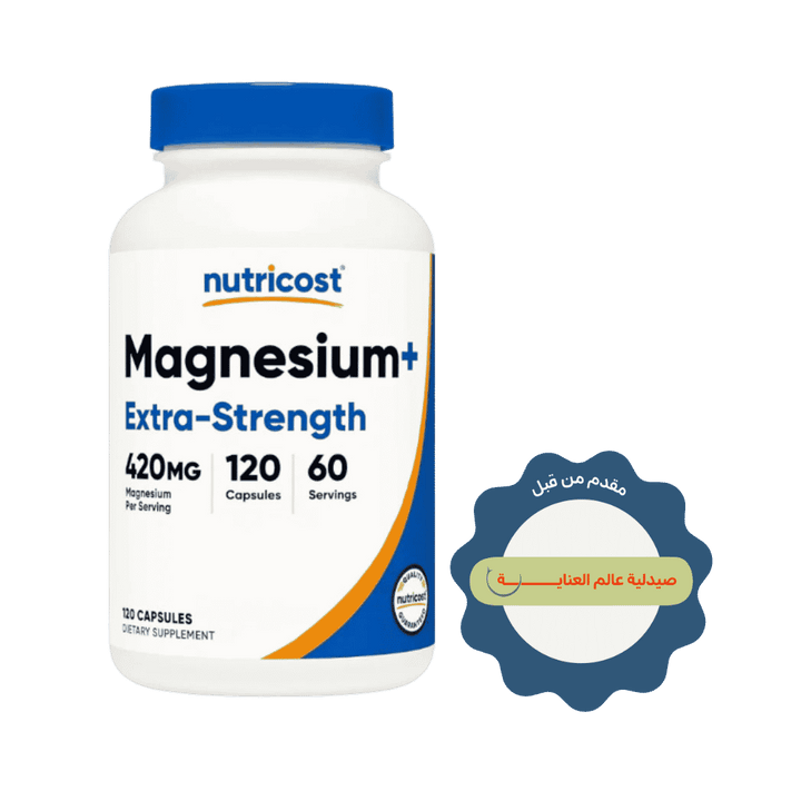 Nutricost Magnesium+ Extra Strength 420mg supplement bottle with 120 capsules packaging.