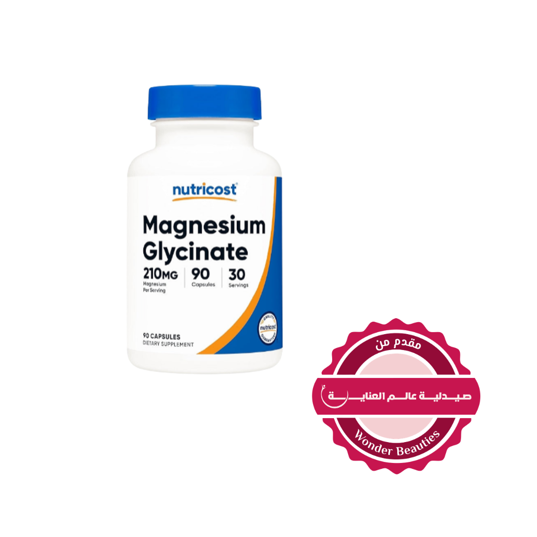 Nutricost Magnesium Glycinate 210 mg supplement, 90 capsules bottle, dietary supplement packaging.