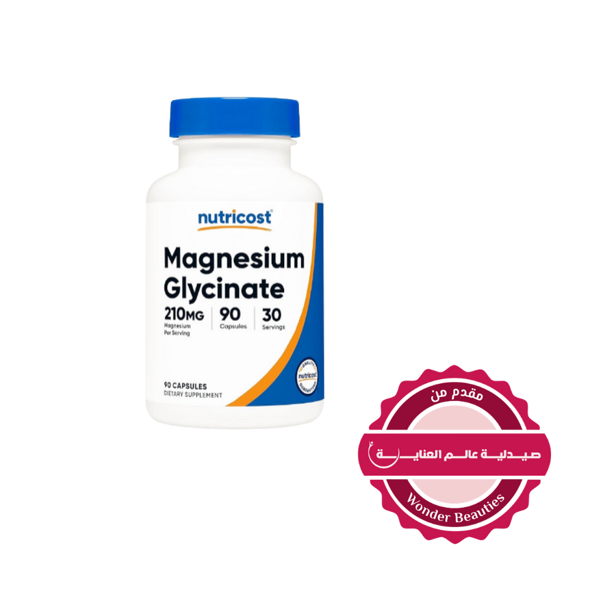 Nutricost Magnesium Glycinate 210 mg supplement, 90 capsules bottle, dietary supplement packaging.