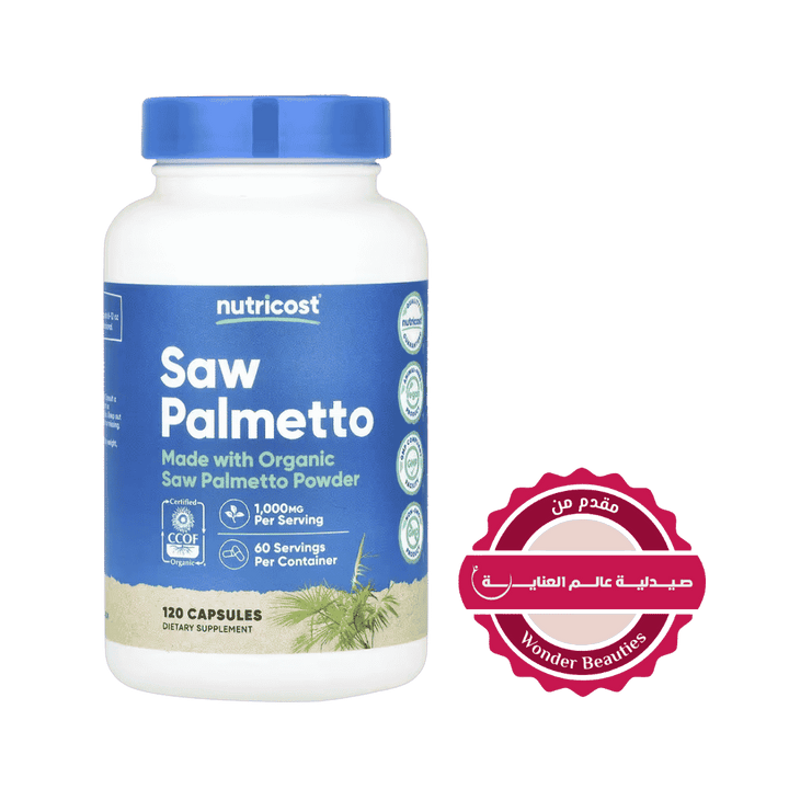 Nutricost Saw Palmetto 1000mg dietary supplement bottle with 120 vegetarian capsules and green labeling.