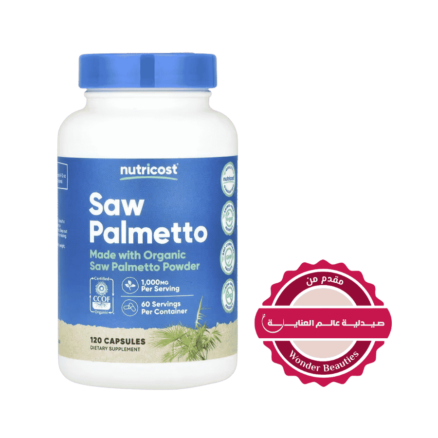 Nutricost Saw Palmetto 1000mg dietary supplement bottle with 120 vegetarian capsules and green labeling.