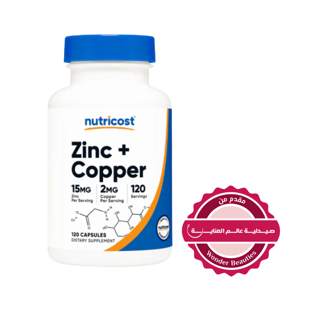 Nutricost Zinc + Copper Dietary Supplement, 120 capsules, with 15mg of Zinc and 2mg of Copper per serving. Offered by Wonder Beauties.