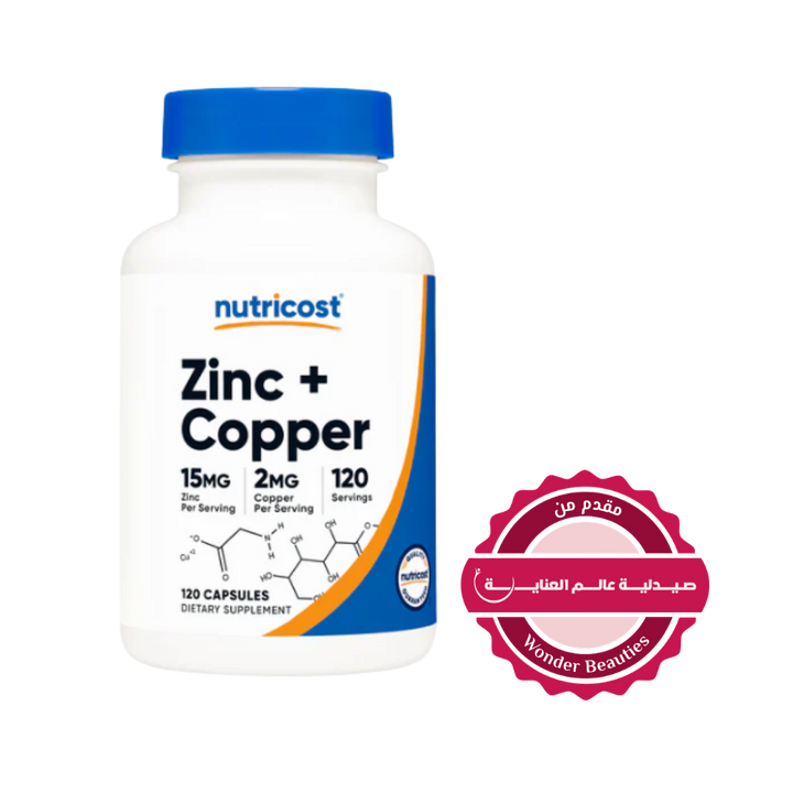 Nutricost Zinc + Copper Dietary Supplement, 120 capsules, with 15mg of Zinc and 2mg of Copper per serving. Offered by Wonder Beauties.