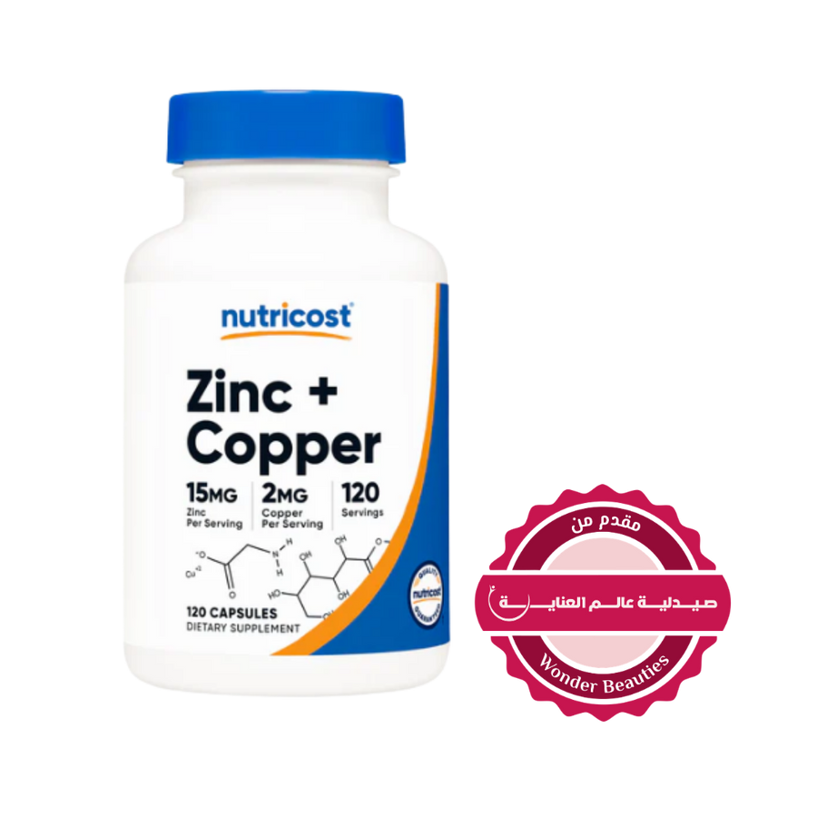 Nutricost Zinc + Copper Dietary Supplement, 120 capsules, with 15mg of Zinc and 2mg of Copper per serving. Offered by Wonder Beauties.