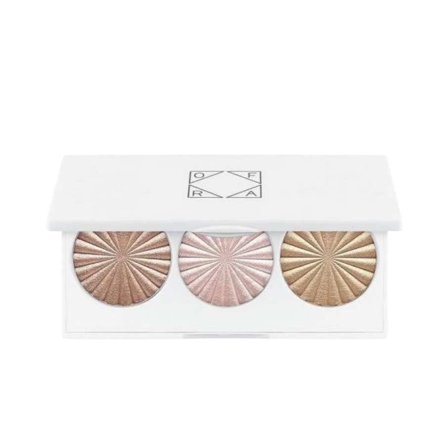 OFRA Midi Highlight Palette, 9 g, white rectangular case with three circular pressed highlighter pans