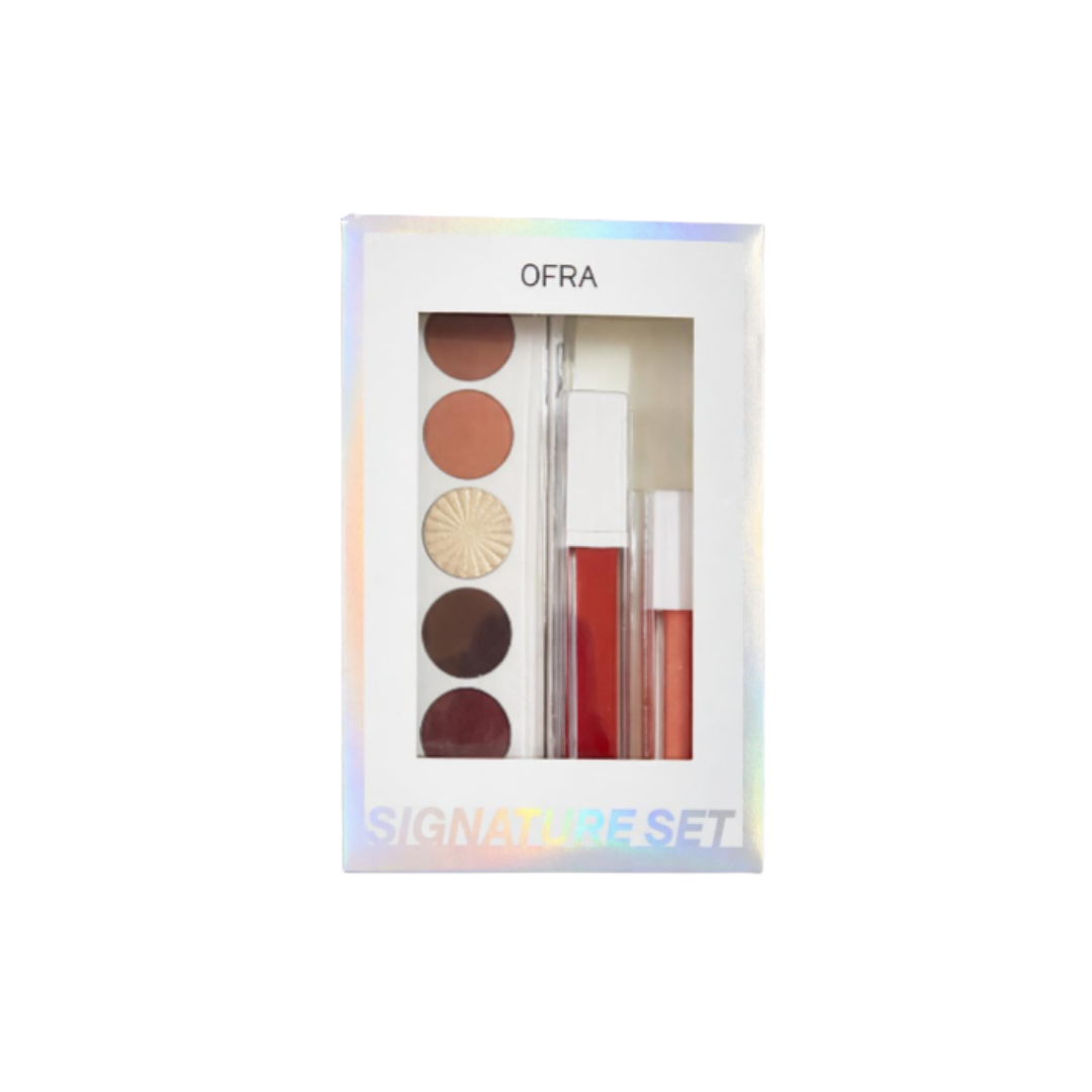 OFRA Signature Set makeup kit with eyeshadow palette and lip products, white holographic box packaging