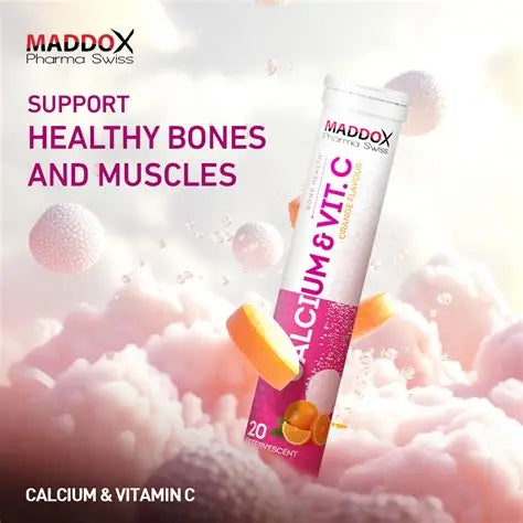 MADDOX Pharma Swiss Calcum & Vita C Flavour 20 Effervescent Tablets - 82g |مادوكس أقراص فوار كالسيوم مع فيتامين سي بطعم البرتقال – 20 قرص فوار – 82 غرام