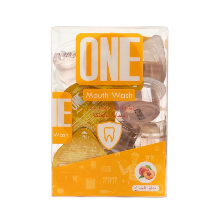 ONE Peach mouthwash, twenty 15ml capsules in clear rectangular box with orange label and peach graphic