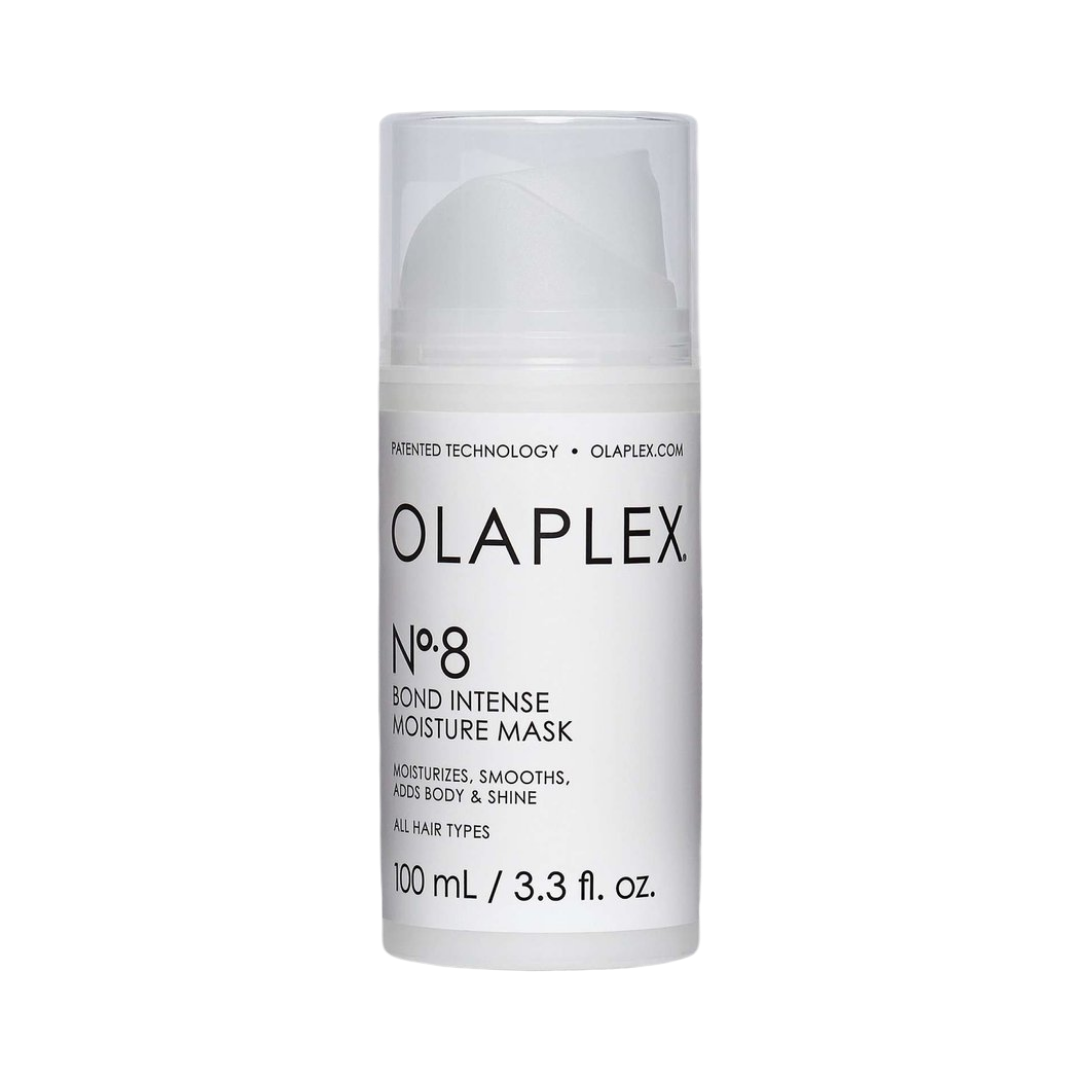 Olaplex No.8 Bond Intense Moisture Mask – white pump bottle with black text, 100 ml size, labeled for moisturizing, smoothing, and adding shine to all hair types.